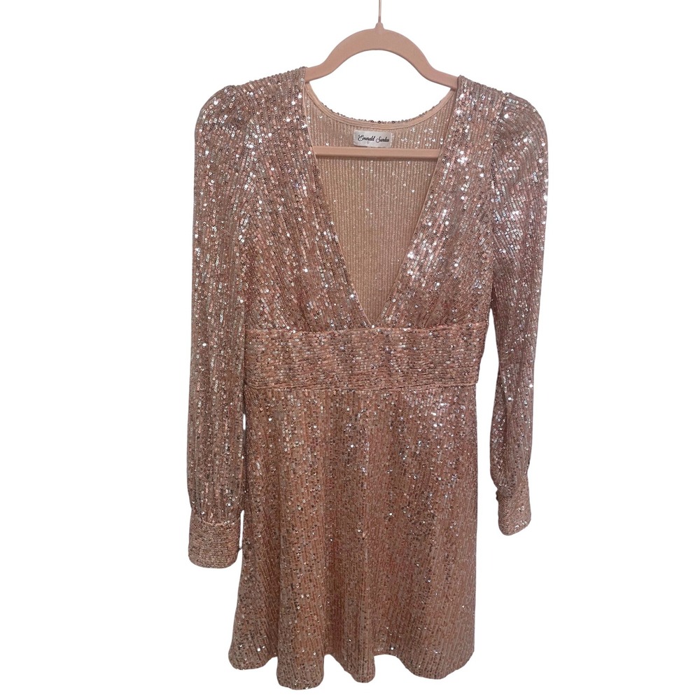 Emerald Sundae Rose Gold Sequin Deep V-Neck Long Sleeve Mini Dress M